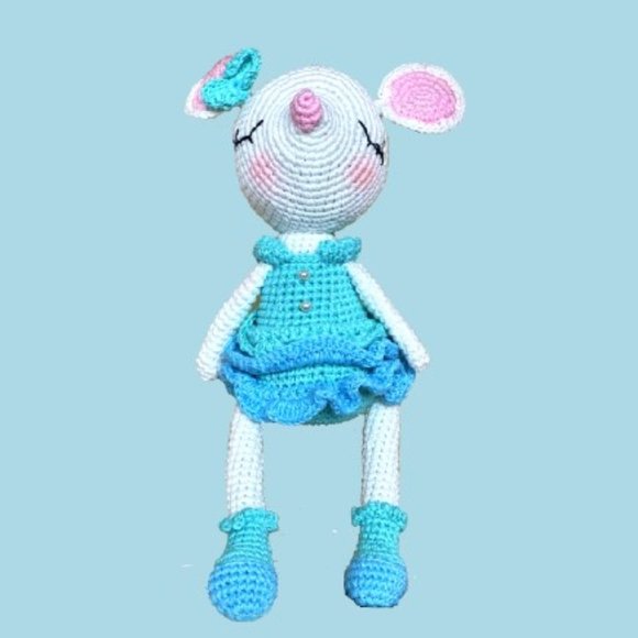 CROCHET KNITTED GIRL MOUSE WEARS DRESS 12" DOLLS - Picture 2 of 2